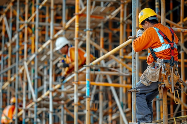 Foto ein geschickter bauarbeiter auf einem gerüst, der fleißig an einem hohen gebäude arbeitet