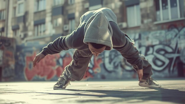 Foto ein geschickter breakdancer friert mit einer unglaublichen dynamischen energie in der zeit vor der kulisse einer städtischen straße ein.