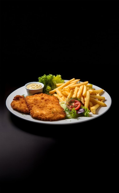 Foto ein geschmack der tradition lecker würstchen schnitzel leckere pommes frites und kulinarischer salat