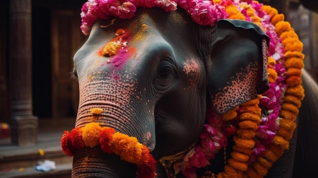 Ein geschmückter Elefant trägt eine Blumengirlande.