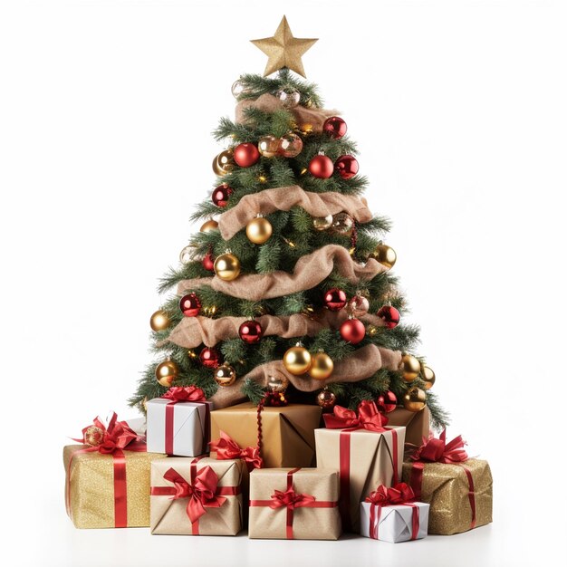 Ein geschmückter Weihnachtsbaum mit Geschenken auf weißem Hintergrund
