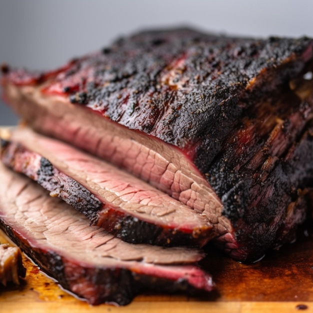 Ein geschnittenes Stück Fleisch auf einem Schneidebrett, auf dem das Fleisch geschnitten wird.