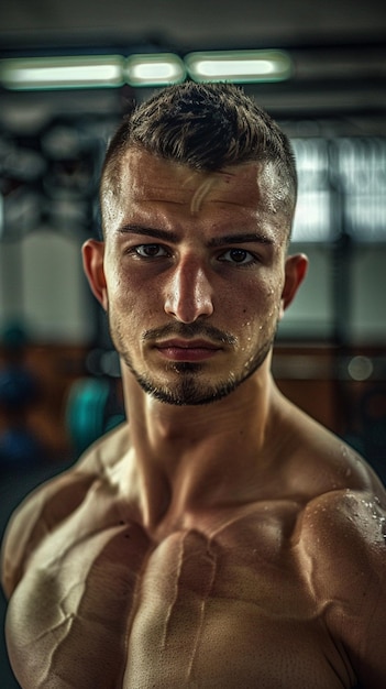 ein geschnürter Mann mit einem Hemd, der für ein Bild in einem Fitnessstudio posiert