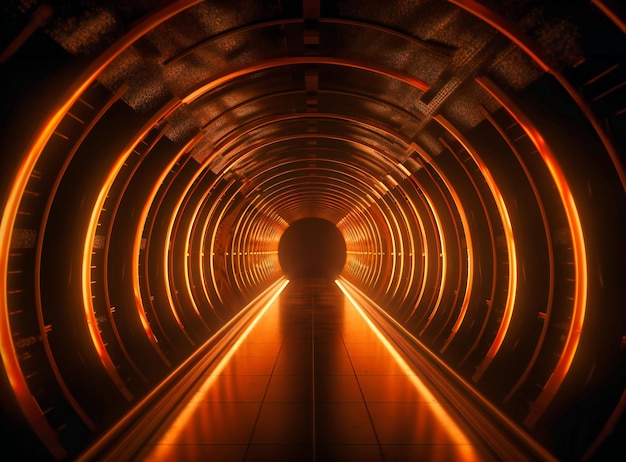 Foto ein geschwungener tunnel mit langen gelben lichtern darauf