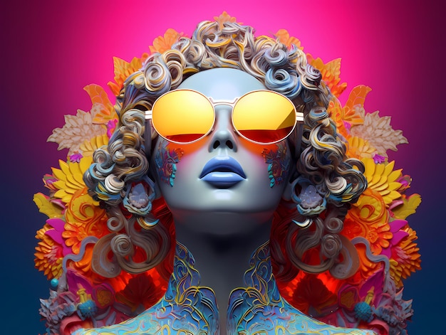 Ein Gesicht der Göttin mit Sonnenbrille mit Neonfarben-Zierelementen New Age-Psychedelisches Design