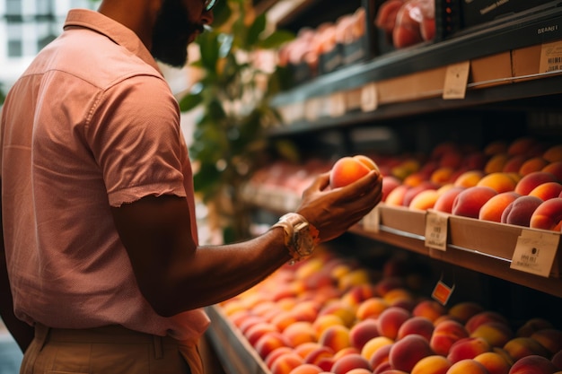 Ein gesichtsloser Mann findet die perfekten Pfirsiche auf einem lebendigen Lebensmittelmarkt