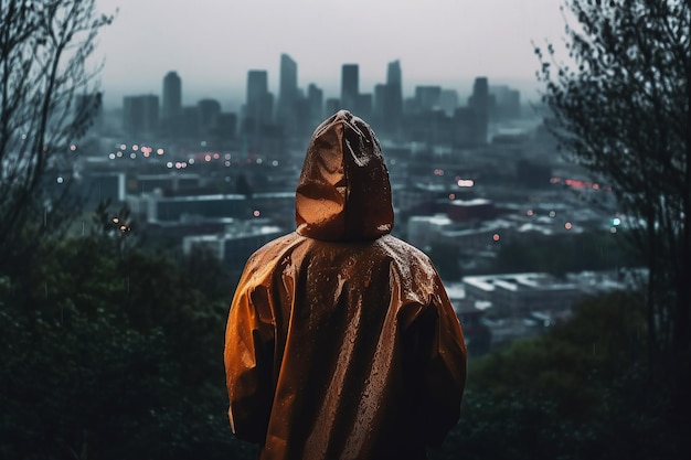 Ein gesichtsloser Mann mit Kapuze nachts in einer Stadtlandschaft Generative KI-Illustration