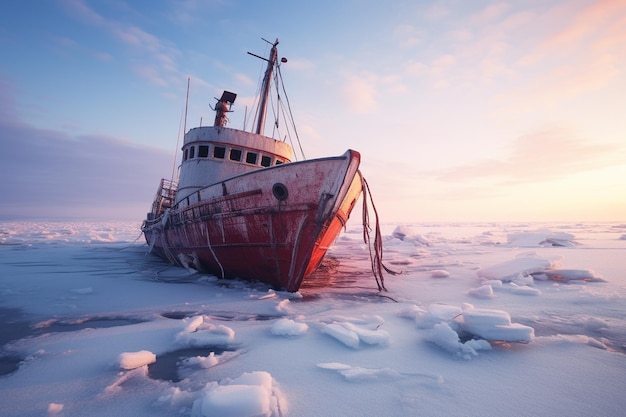 Ein gestrandetes Schiff, das im gefrorenen Eis gefangen ist