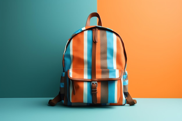 Ein gestreifter Rucksack befindet sich auf einem blau-orangefarbenen Hintergrund.