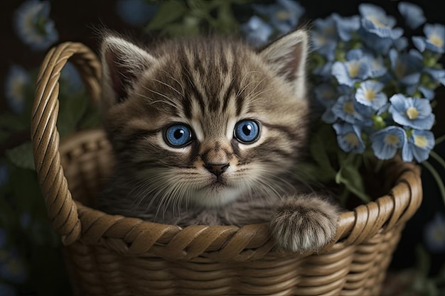 Ein gestreiftes Kätzchen in einem Blumenkorb mit weit geöffneten blauen Augen schaut zur Seite