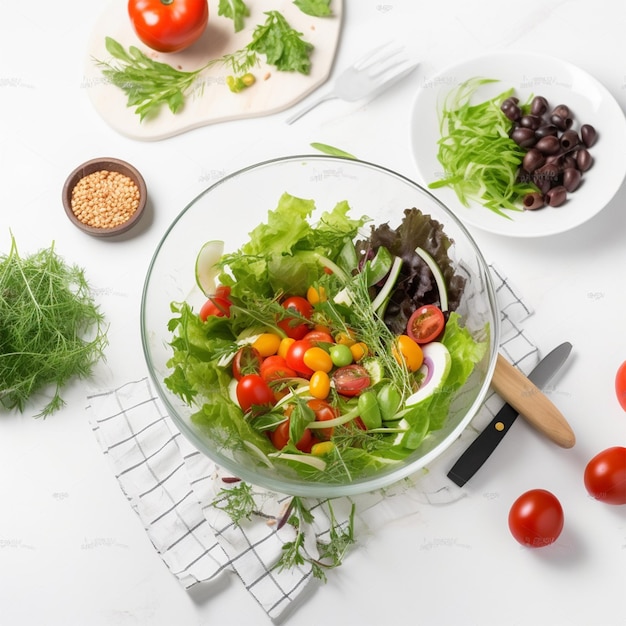 Ein gesunder vegetarischer Salat auf einem weißen Tisch