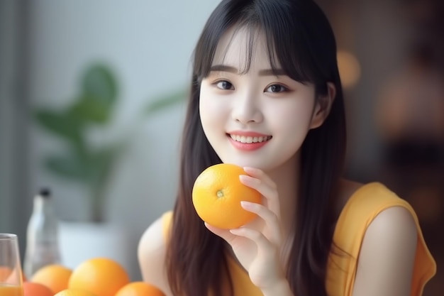 Ein gesundes, lächelndes koreanisches Mädchen trinkt frischen Saft aus Orangen, bleibt gesund und isst eine normale Ernährung.