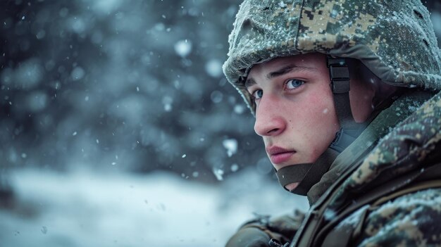 Ein getarnter Soldat vermischt sich mit der schneebedeckten Landschaft