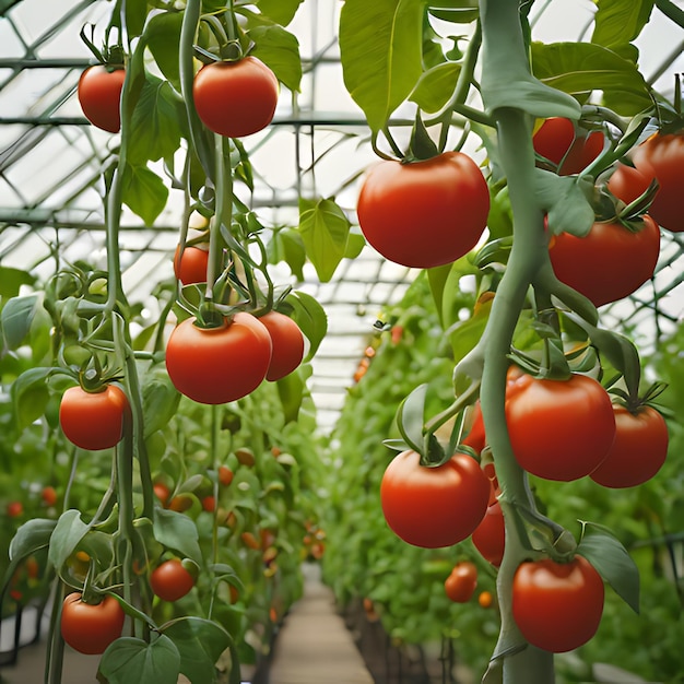 ein Gewächshaus mit vielen Tomaten, die in einem Gewächshus wachsen