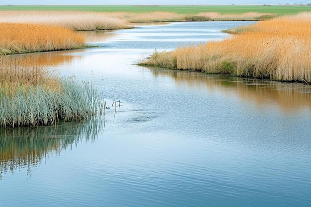 Foto ein gewässer, das von großem gras umgeben ist