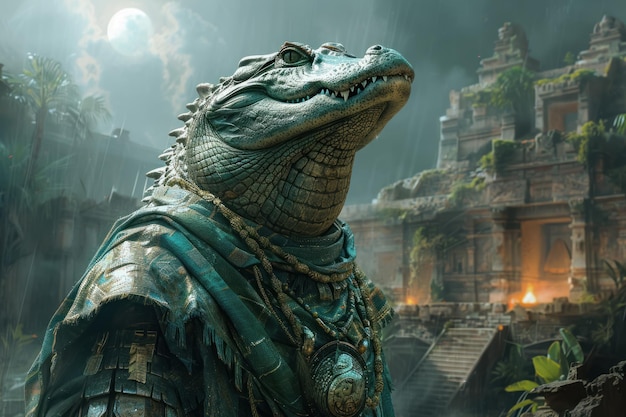 Ein gewaltiger Alligator-Krieger, der über alte Artefakte wacht, dessen Rüstung unter ihm glänzt.