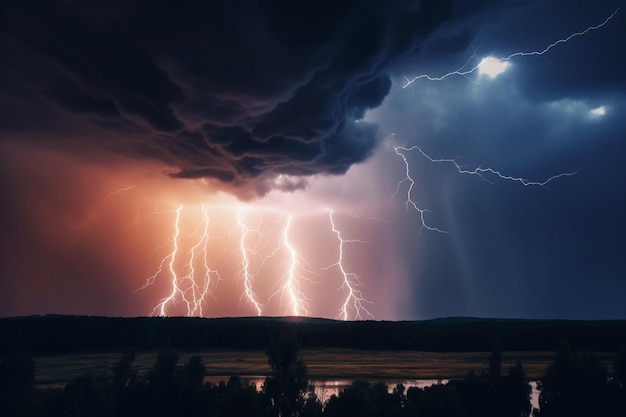 Ein Gewitter mit dunklem Himmel und einer dunklen Wolke mit dem Wort Donner darauf