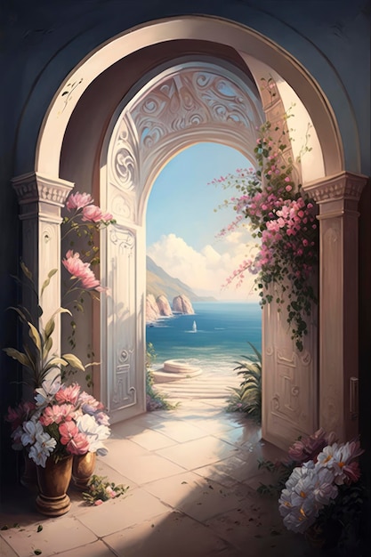 ein gewölbter Eingang mit Vasen und Blumen auf weißem Beton im Stil ruhiger Meere und Himmel