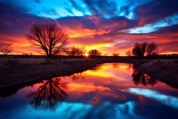 Foto ein gewundener fluss, der die farben des dämmerungshimmels widerspiegelt