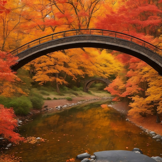 Ein gewundener Fluss mit einer malerischen Brücke, die über ihm bogenförmig ist und von einem lebendigen Herbstblatt umgeben ist
