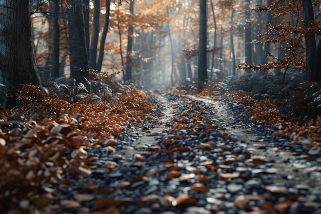 Ein gewundener Waldweg, der mit gefallenen Blättern belegt ist