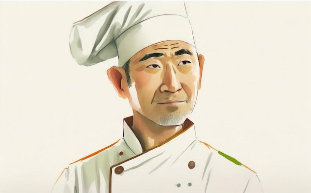 ein gezeichneter asiatischer mannkoch auf weißem hintergrundaquarellrestaurantillustrationen ai erzeugt