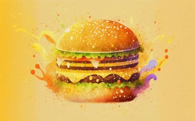 ein gezeichneter cheeseburger auf gelbem hintergrund aquarell-fast-food-illustrationen ai generiert