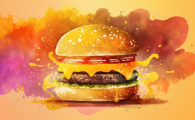 ein gezeichneter cheeseburger auf gelbem hintergrund aquarell-fast-food-illustrationen ai generiert