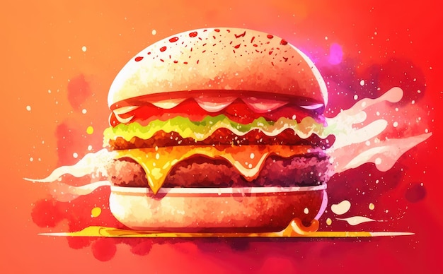 ein gezeichneter cheeseburger auf rotem hintergrund aquarell-fast-food-illustrationen ai generiert