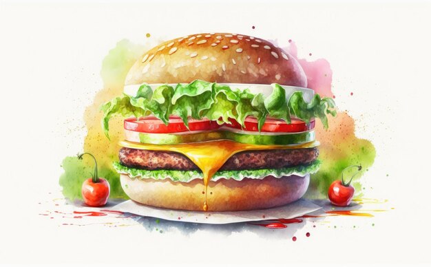 ein gezeichneter cheeseburger auf weißem hintergrund aquarell-fast-food-illustrationen ai generiert