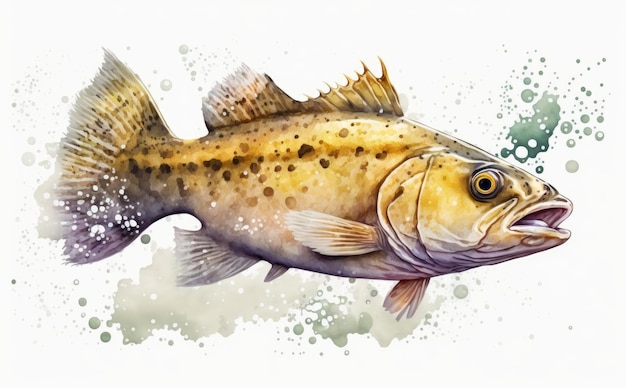 Ein gezeichneter Kabeljau auf weißem Hintergrund Aquarell Bio-Meeresfrüchte-Lebensmittel-Illustrationen ai generiert