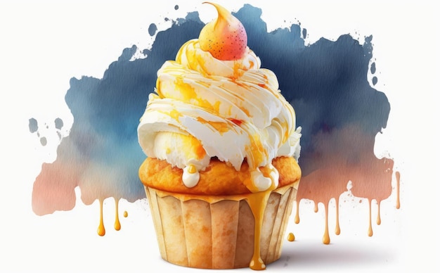 Ein gezeichnetes Muffin mit einem Cupcake mit Schlagsahne auf weißem Hintergrund Aquarellgebäck ai generiert