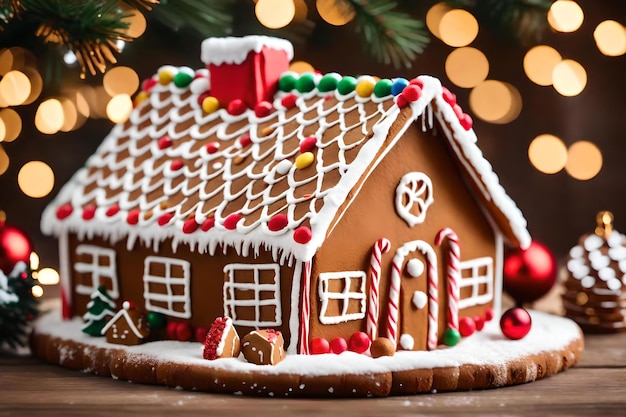 Ein Gingerbread-Haus, das mit Süßigkeitenstäbchen und einem Weihnachtsbaum im Hintergrund geschmückt ist.