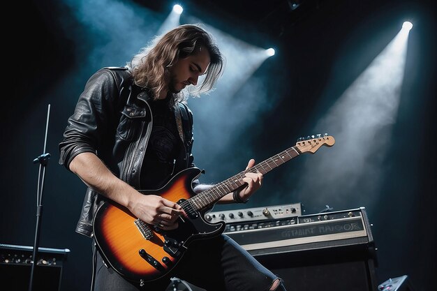 Ein Gitarrist macht Rock während eines Konzerts Eine Rockband tritt auf der Bühne auf. Der Gitarrist spielt solo.