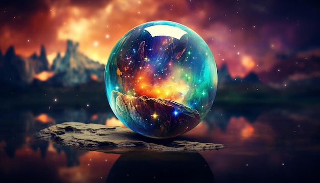 Foto ein glänzender blickball mit einer reflexion eines hellen und farbenfrohen nebels