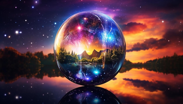 Foto ein glänzender blickball mit einer reflexion eines hellen und farbenfrohen nebels