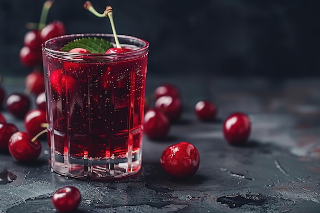 Ein glänzender roter Kirschmocktail, garniert mit frischen Kirschen auf einem launischen Hintergrund