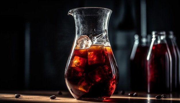 Ein glänzendes Glas Whisky auf einem Holztisch, das von KI eingegossen wird