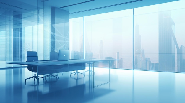 Ein gläsernes Büro mit einem blauen Schreibtisch und einem großen Fenster, auf dem „smart“ steht