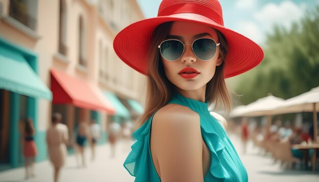 Ein glamouröses Mädchen mit modischer Sonnenbrille, einem roten Sommerhut und einem türkisfarbenen Kleid