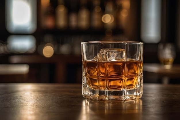Ein Glas Alkohol mit Amaretto auf einem Holztisch in Nahaufnahme
