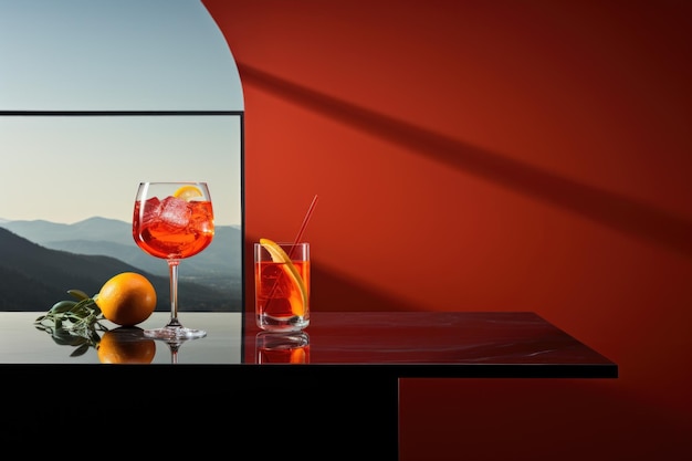 Foto ein glas alkoholischer cocktail mit orange auf einem schwarzen tisch gegen eine orangefarbene wand minimalismus