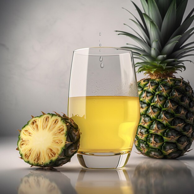 Ein Glas Ananassaft neben einer Ananas.