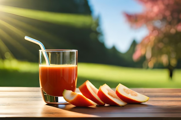 Ein Glas Apfelsaft neben einem Strohhalm, daneben ein Strohhalm.