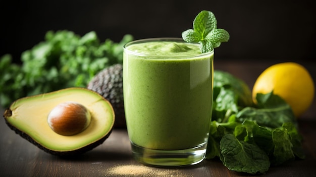 Ein Glas Avocado-Smoothie neben einem Stapel Avocadoblätter.