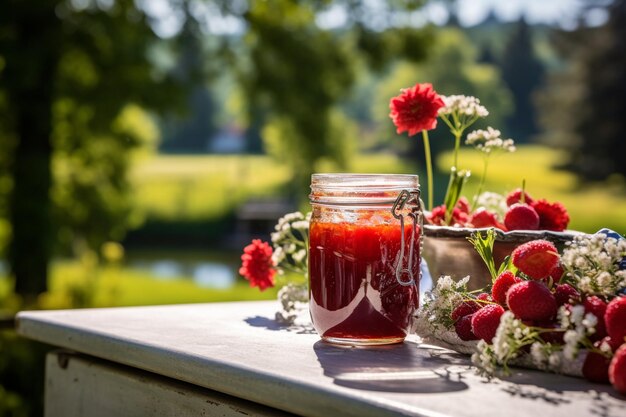 Ein Glas Beerenmarmelade auf einem antiken Tisch mit Blumenflächen im Hintergrund