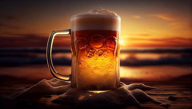 Ein Glas Bier am Strand mit Sonnenuntergang im Hintergrund