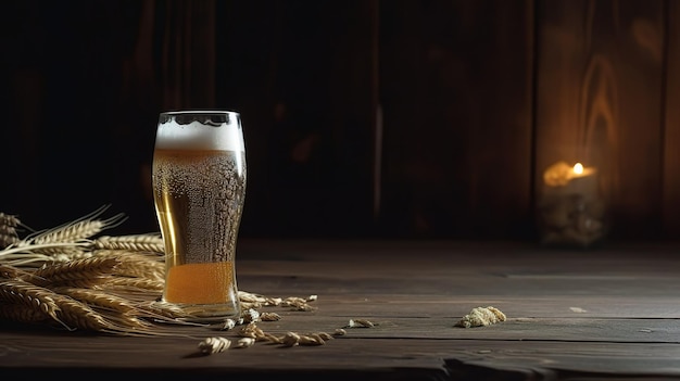 Ein Glas Bier auf einem Holztisch mit einem Haufen Erdnüsse an der Seite.
