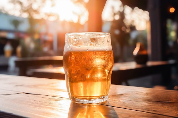 Ein Glas Bier auf einem Tisch, durch das die Sonne scheint.