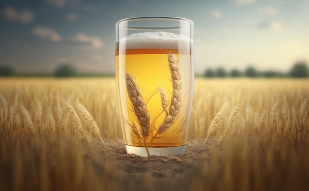 Ein Glas Bier auf einem Tisch in einem Weizenfeld. ai generiert